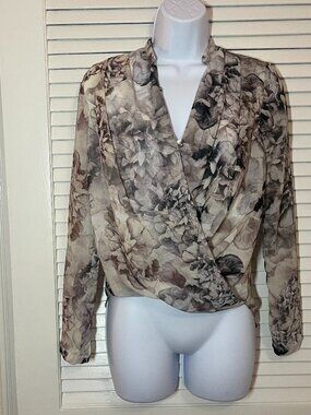 H&M Floral Wrap Blouse Womens Size 2 Sheer Chiffon Long Sleeve Beige Taupe Top